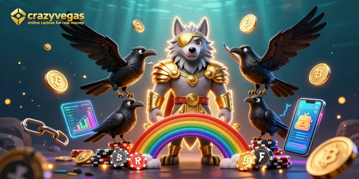 Enjoy crazyvegas online casinos for real money with vibrant Norse-themed characters around colorful crypto elements.