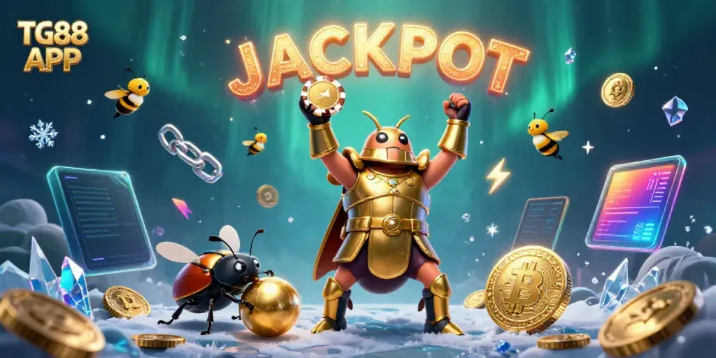 Engage with the TG88 APP through a vibrant 3D scene showcasing a victorious beetle character amid swirling cryptocurrencies and cinematic flourishes.