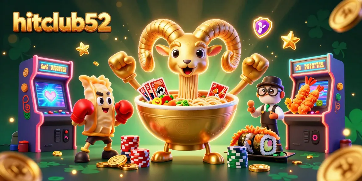 Hitclub52 showcases a vibrant casino scene with a creative ramen bowl dealer and interactive game elements.