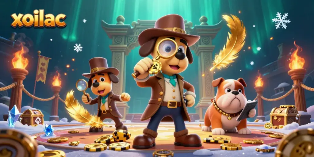 Engage with xoilac's thrilling poker scene featuring a detective dog and gameplay clues in a festive atmosphere.