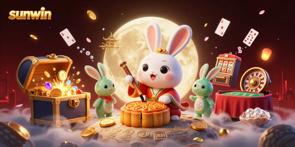Experience the excitement at sunwin with a dynamic 3D scene of casino games featuring a rabbit smashing mooncakes and revealing poker chips.