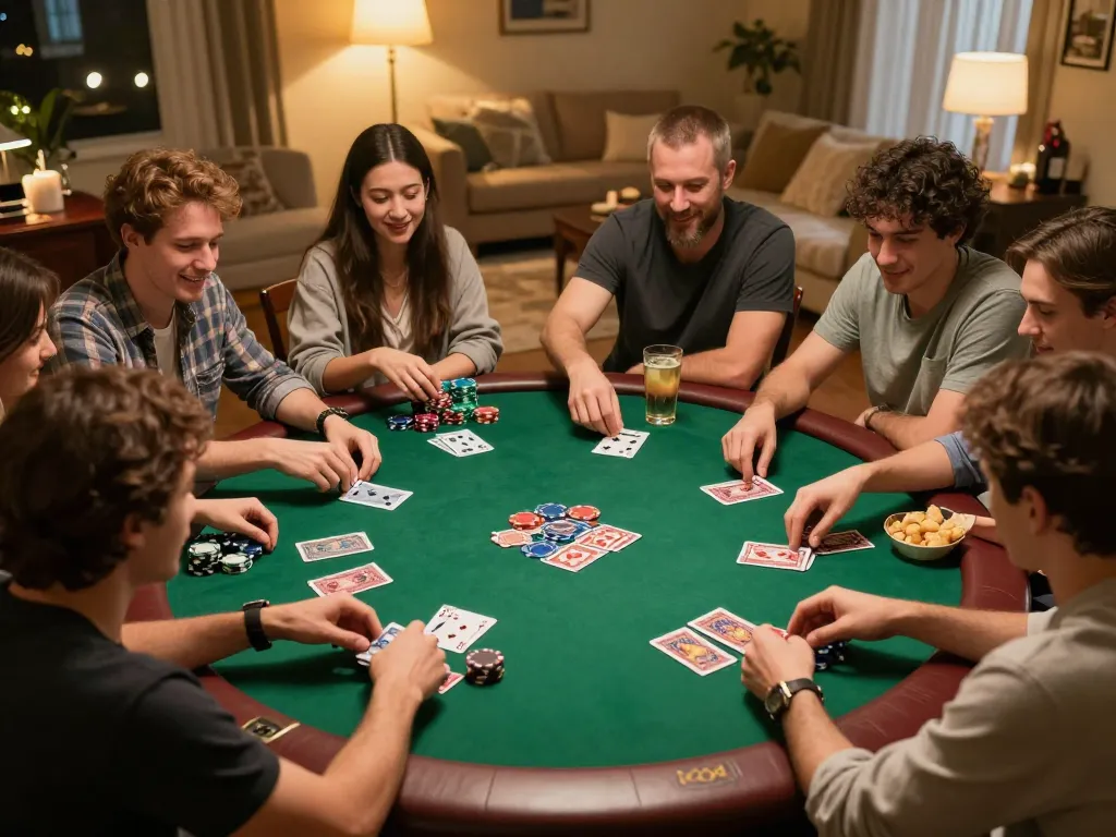 Players enjoying home poker night strategy with nhà cái 11BET cards and chips on table.