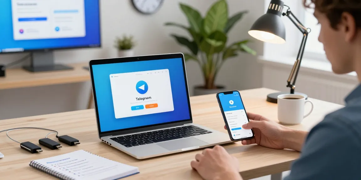 Downloading Telegram on multiple devices in a modern office setup.