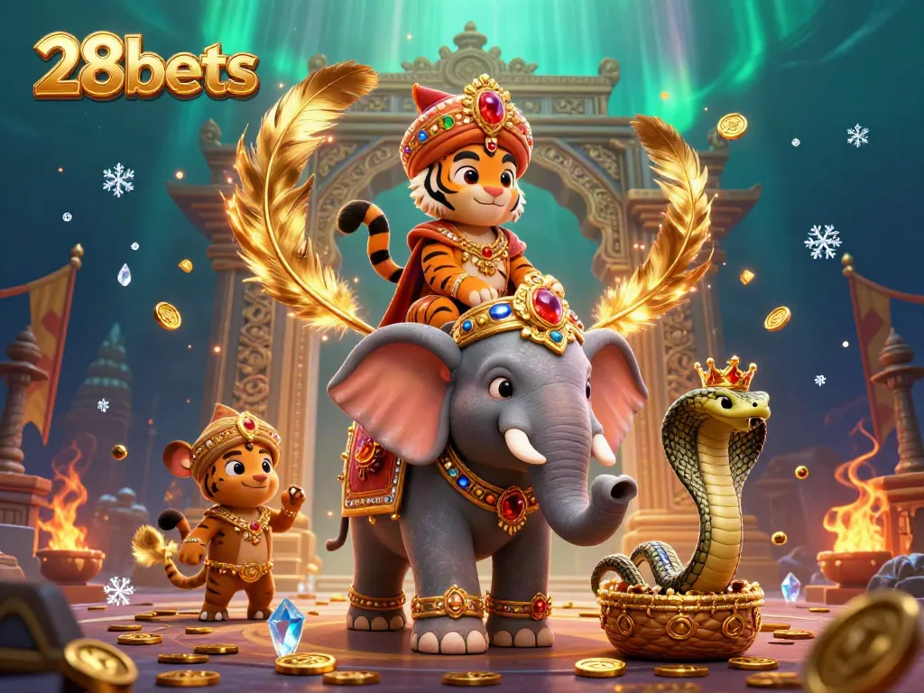 Engage in thrilling action at 28bets as a maharaja tiger and exotic companions celebrate with gold coins and casino elements.