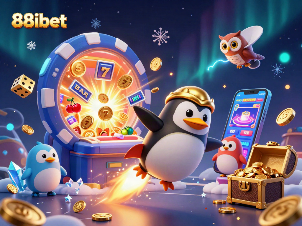 Experience thrilling gaming adventures with 88ibet’s vibrant casino scene featuring a golden penguin and jackpot excitement.