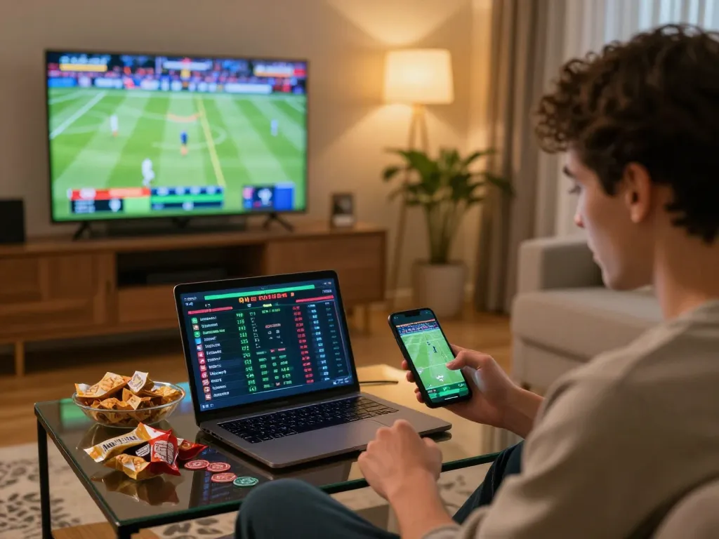Engaging in responsible sports betting on smartphone in cozy home setting, ae888a.