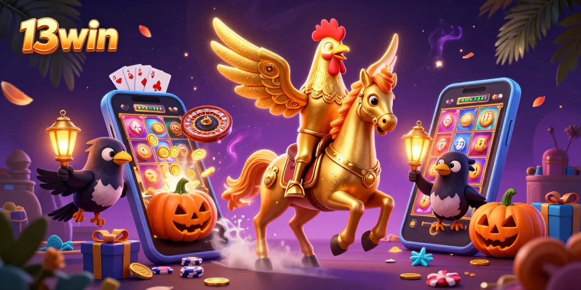 Experience 13win's thrilling casino gaming with golden rooster characters amidst vibrant slot games.
