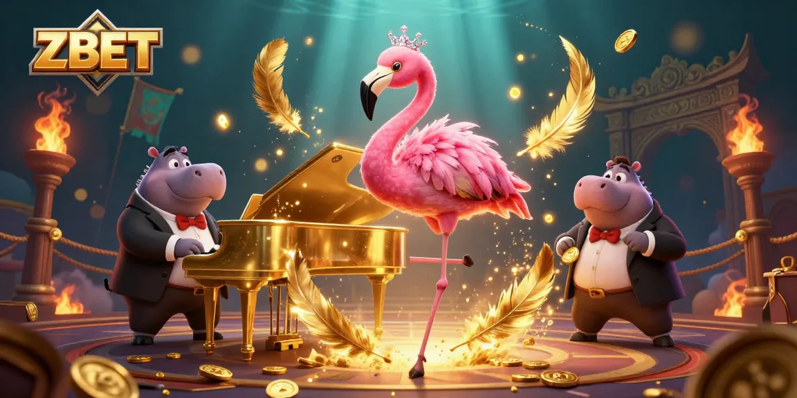 ZBET offers vibrant casino action with a flamingo singer and hippo bassist in a colorful scene.