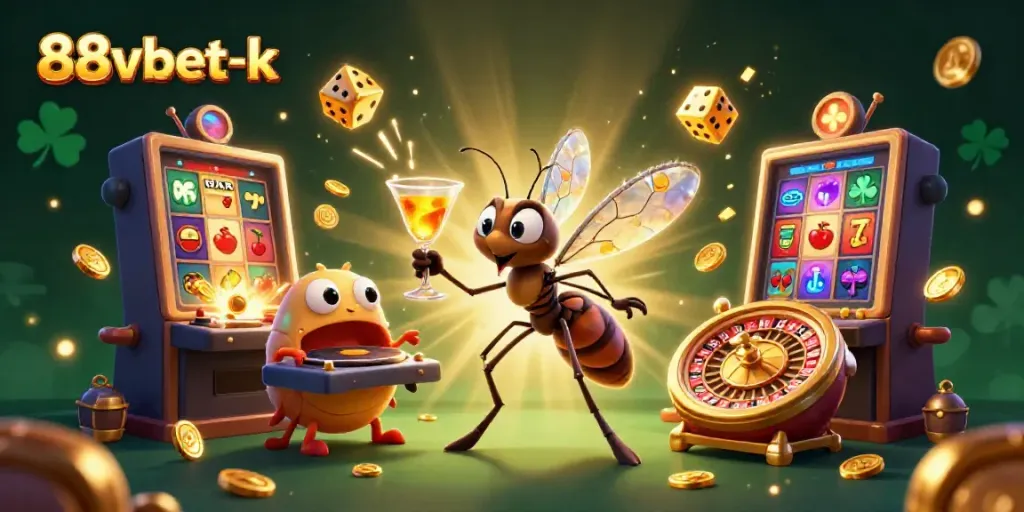 Engage with 88vbet-k's vibrant casino scene featuring a lively mascot and dynamic gaming elements.