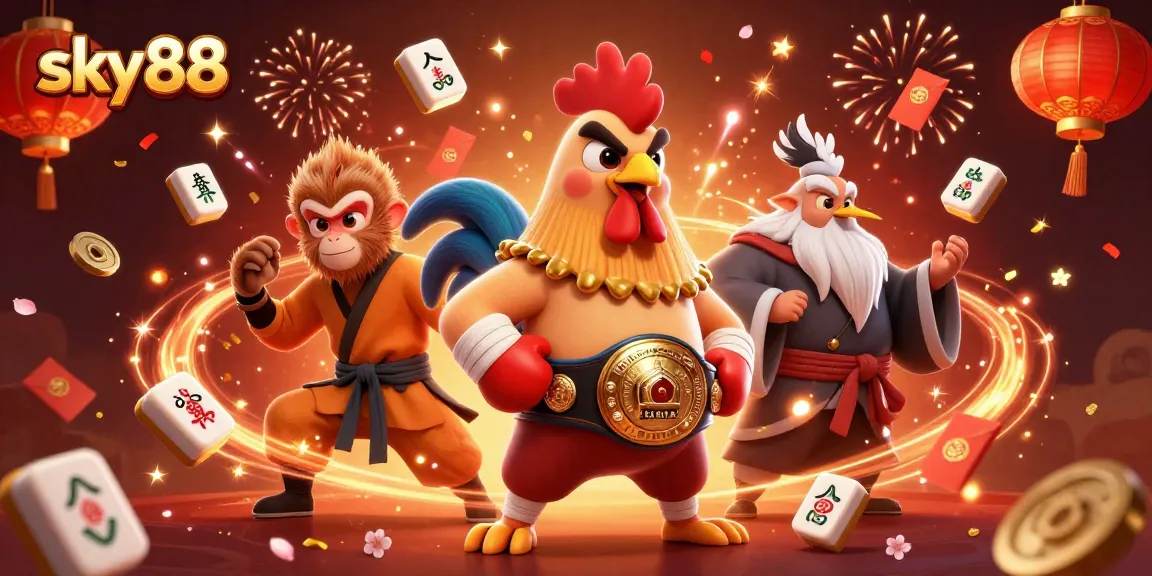 Bet on exciting wins at sky88 with colorful characters and festive casino elements in this vibrant illustration.