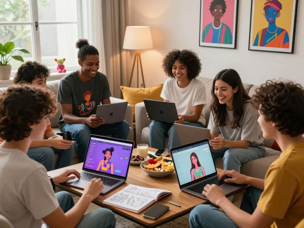 Engaging scene of individuals chatting with AI 18+ character avatars in a cozy setting, showcasing lively interactions.