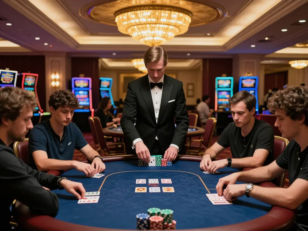 Players engaged in a high-stakes poker game at a luxurious casino, showcasing FLY888 excitement and strategic gameplay.