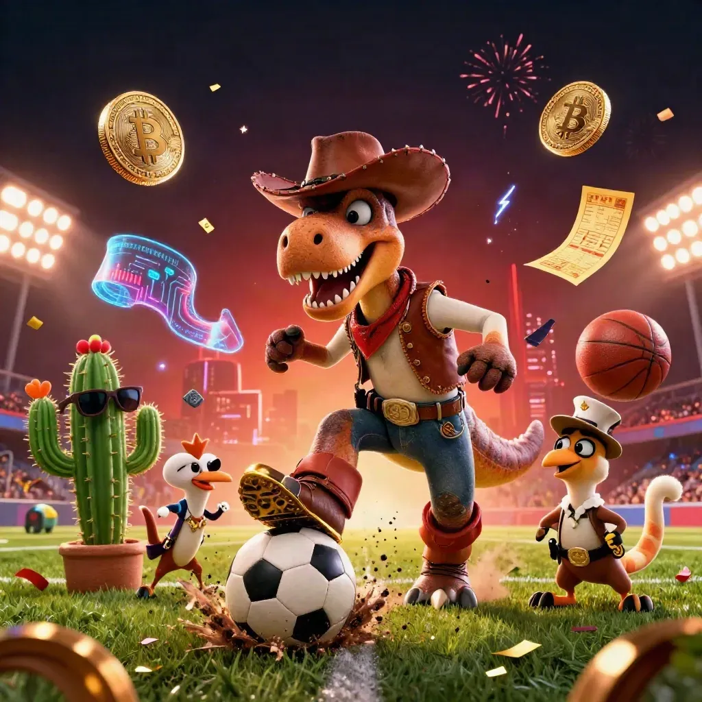 Cowboy-T-Rex, kaktus och road runner kring en fotboll med mynt och ljuseffekter.