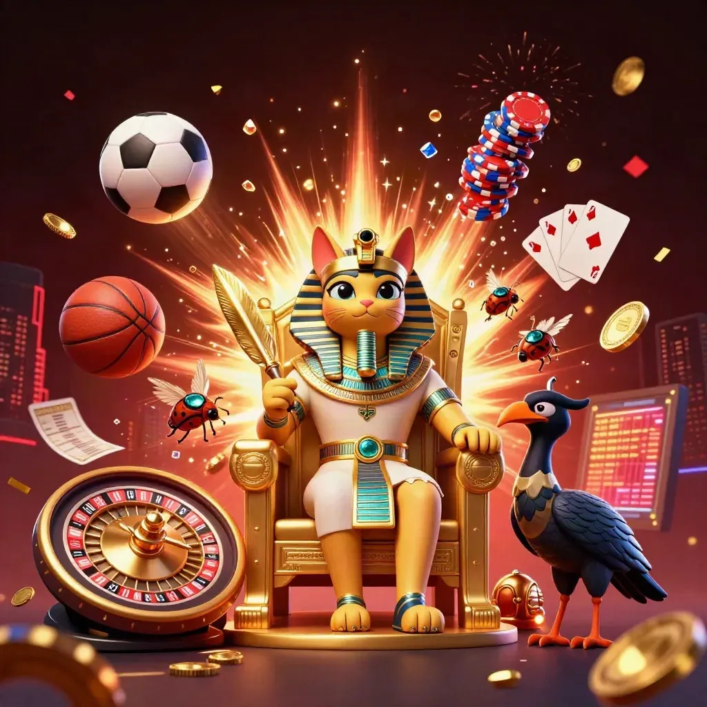Faraonisk katt på tron med ibis, skalbaggar och casinodetaljer i dramatisk neonfart.