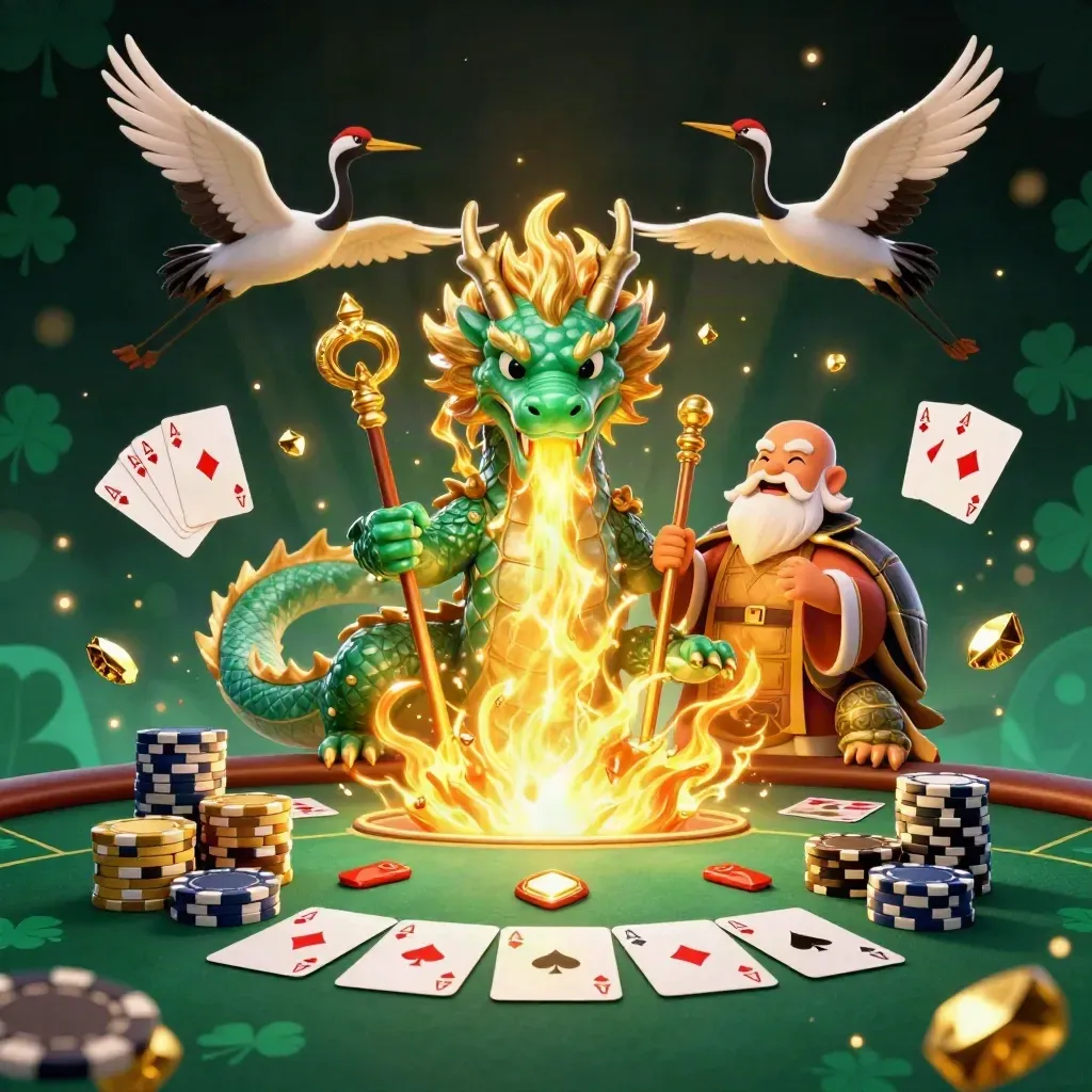 Grön jade-drake, sköldpadda och tranor i guldglöd bland pokerchips och kort.