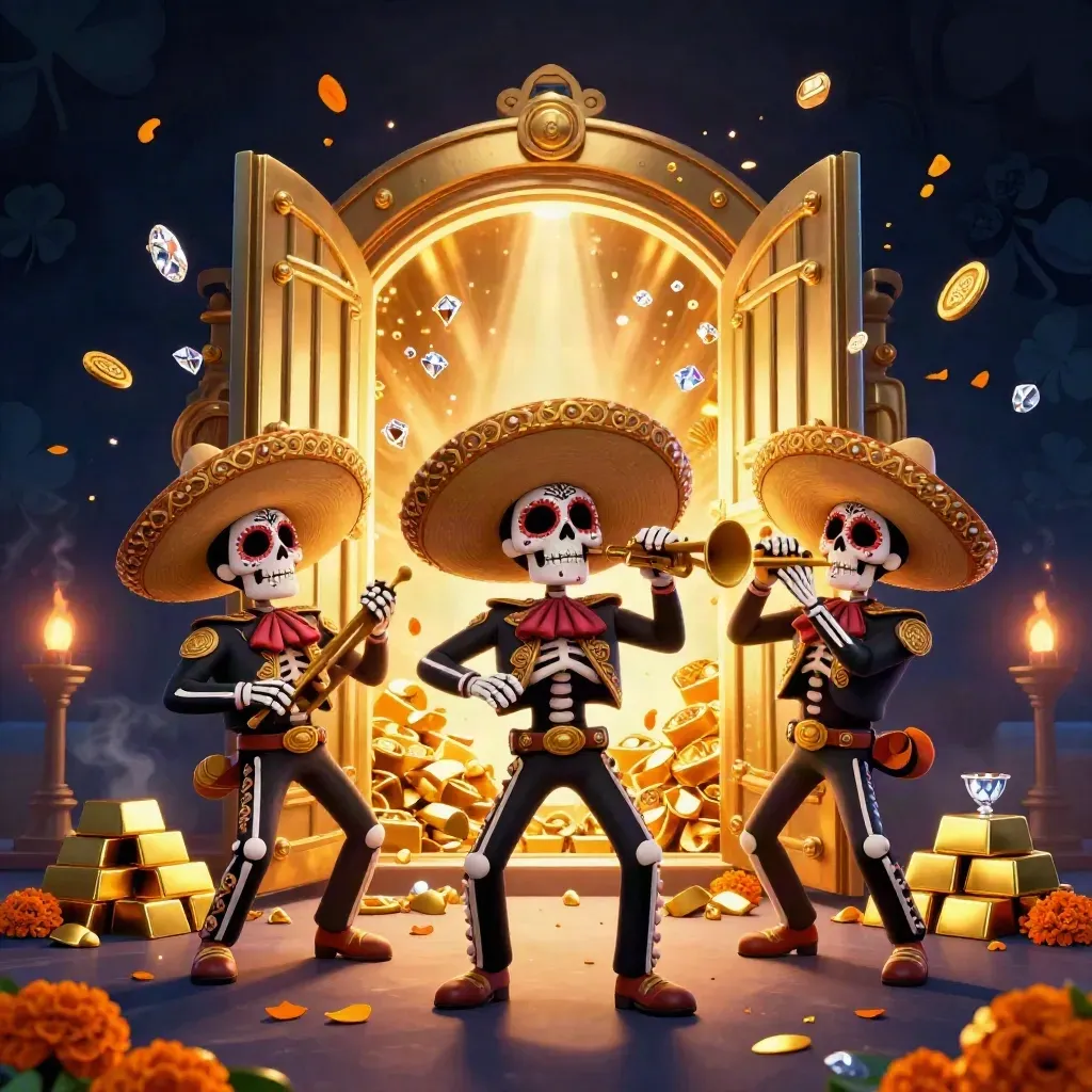 Tre skelettmariachis vid ett öppet skattvalv med guld och juveler som exploderar ut.