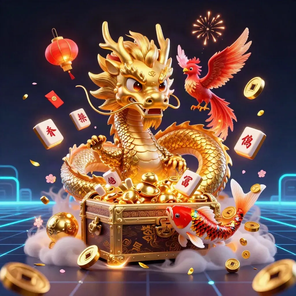 Gul drake, röd fenix och koi bland skatter, neon och guld i mörk casino-stil.