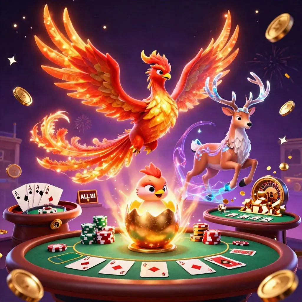 Tre figurer i en lyxig casinoscen med poker, marker, mynt, fyrverkerier och magi.