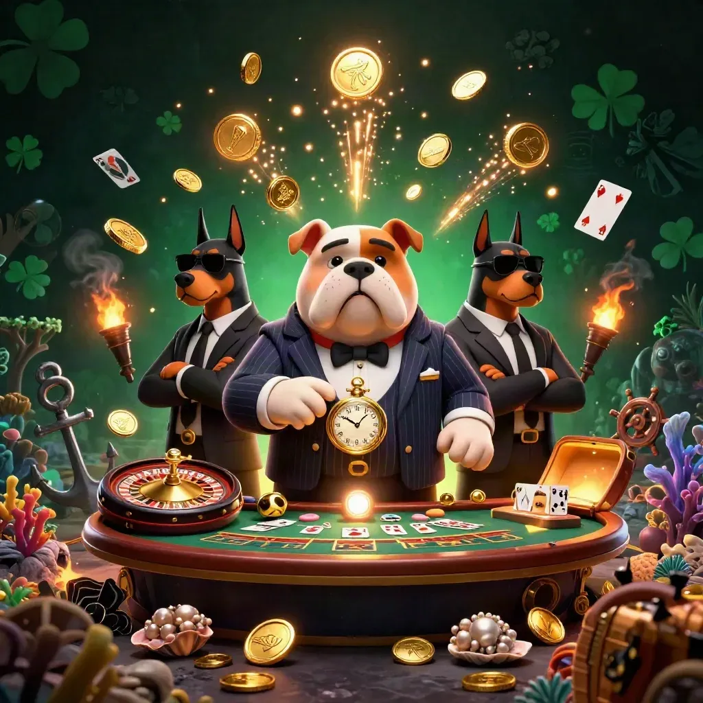 Tre casinobulldoggar vid en sprängande skattkista med guldmynt, eld och roulettehjul.