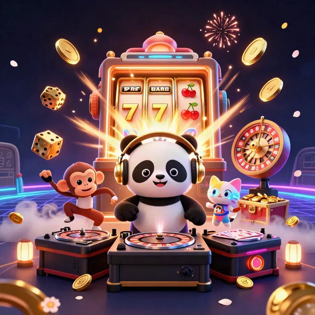 DJ-panda, dansande apa och glödande katt bland guldmynt, slotmaskin och kasinoeffekter.