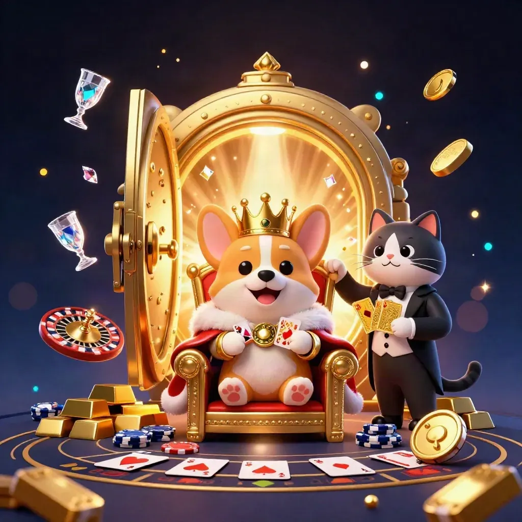 Kunglig corgi och kattbutler bland guld, mynt, kort och kassaskåp i ett lyxigt casinascen.