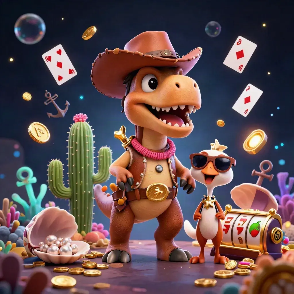 T-rex i cowboyhatt med kaktus och road runner bland guldmynt och undervattensskatter