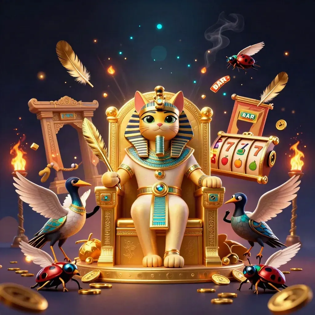 Egyptisk kattfarao på tron, ibis och skarabéer i en gyllene casinoscen
