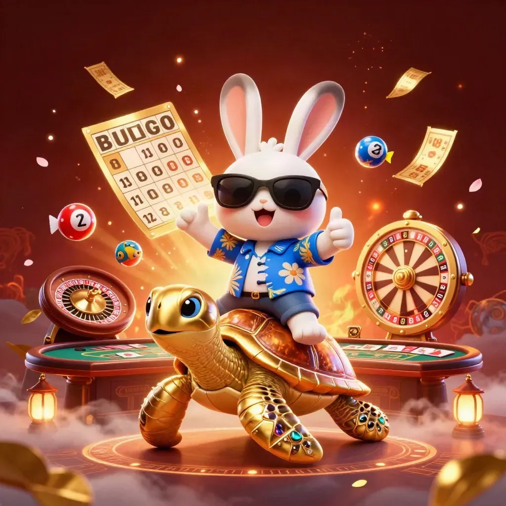 Glad kanin på gyllene havssköldpadda med slots, mynt och roulette i varm casinoglow.