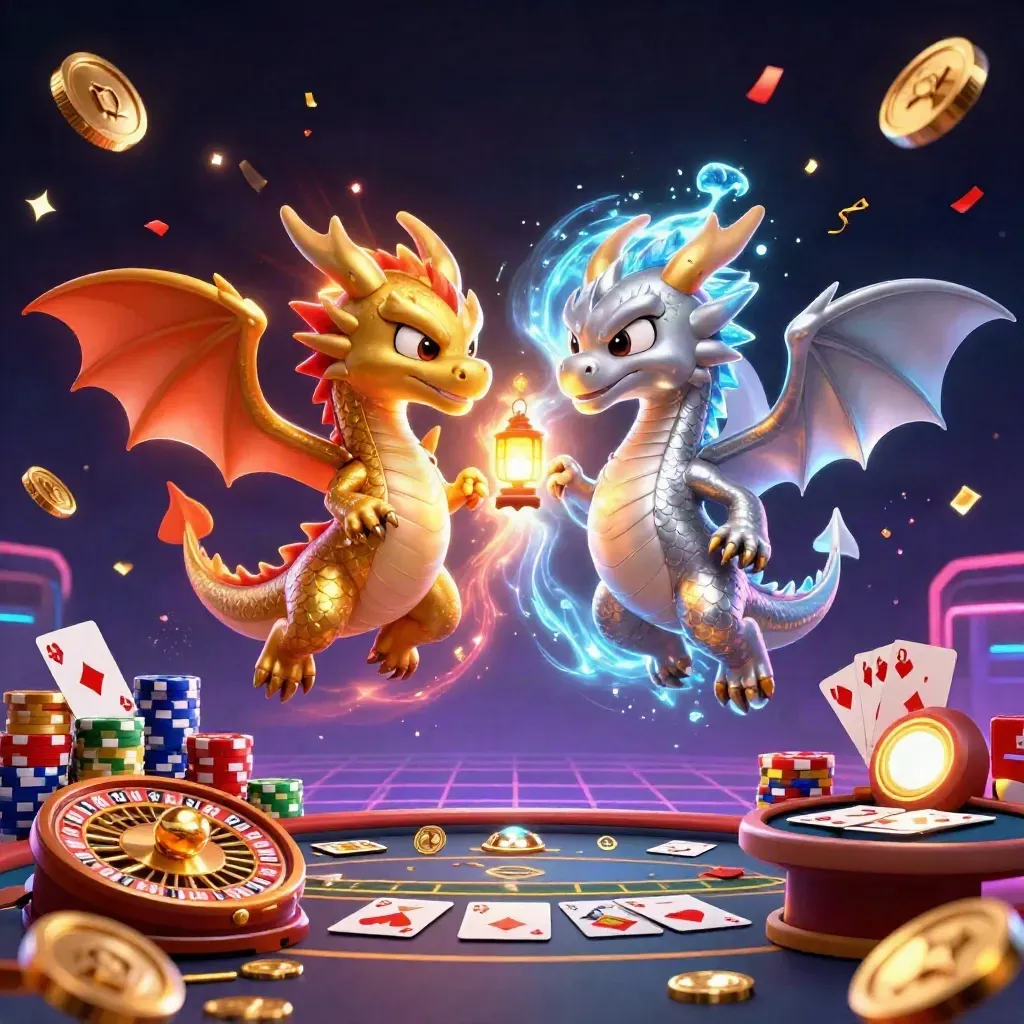 Två drakar i guld och silver flyger över mynt, kort och neon i mörk casinostil.