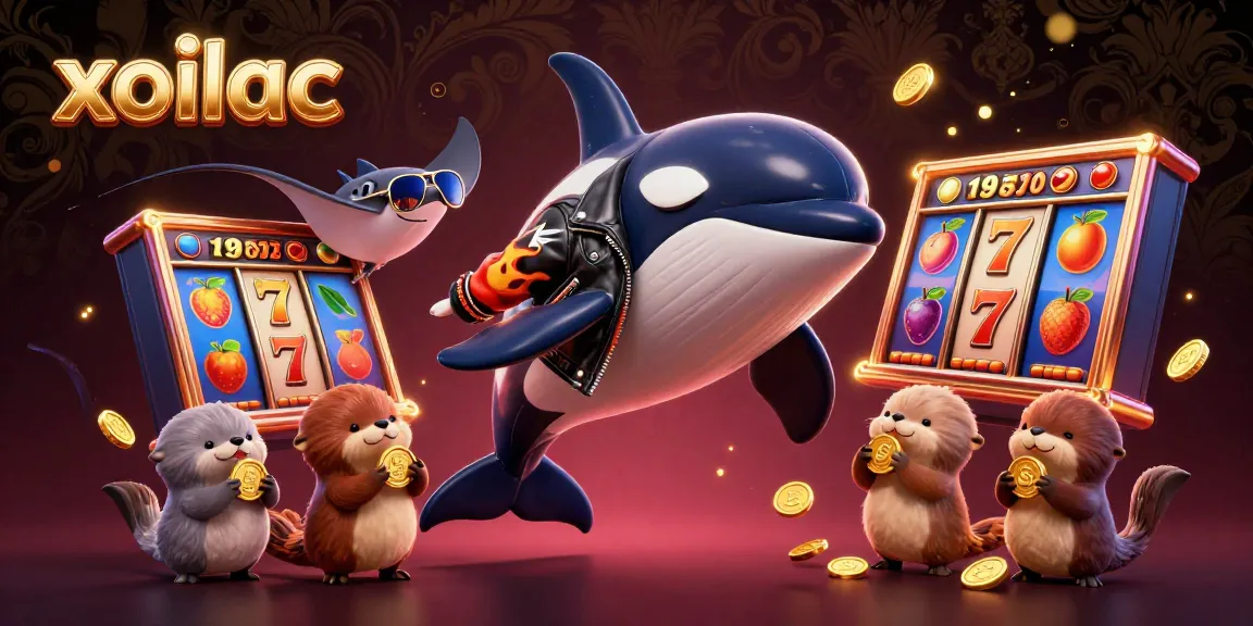 Xoilac brings the thrill of gambling to life with a cartoon orca showcasing a joyful jump, surrounded by vibrant slot machine elements.