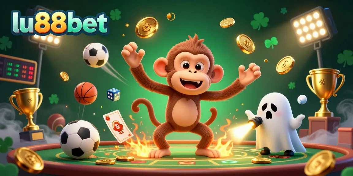 Experience thrilling action and grandeur with lu88bet's casino magic featuring a ghostly monkey and excited puppy.