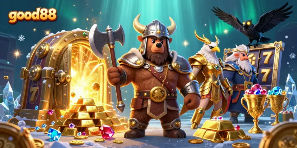 Engage in thrilling gameplay at good88 with vibrant 3D casino scenes showcasing Viking adventure elements.