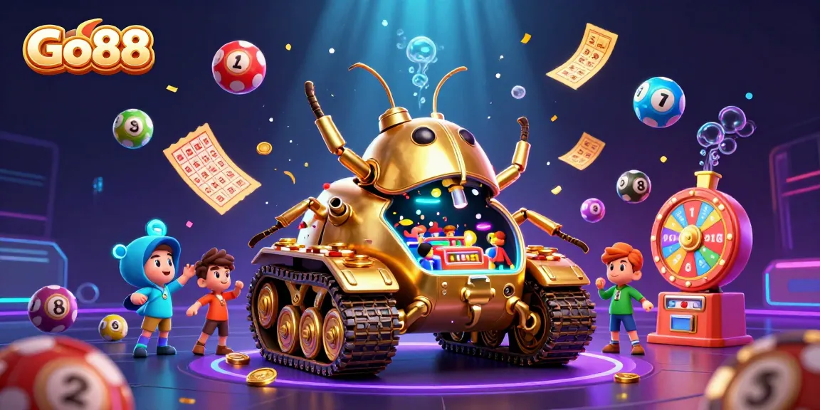 Engage in exciting gaming at Go88 with a lively 3D scene showcasing a golden beetle tank casino filled with action and lottery elements.