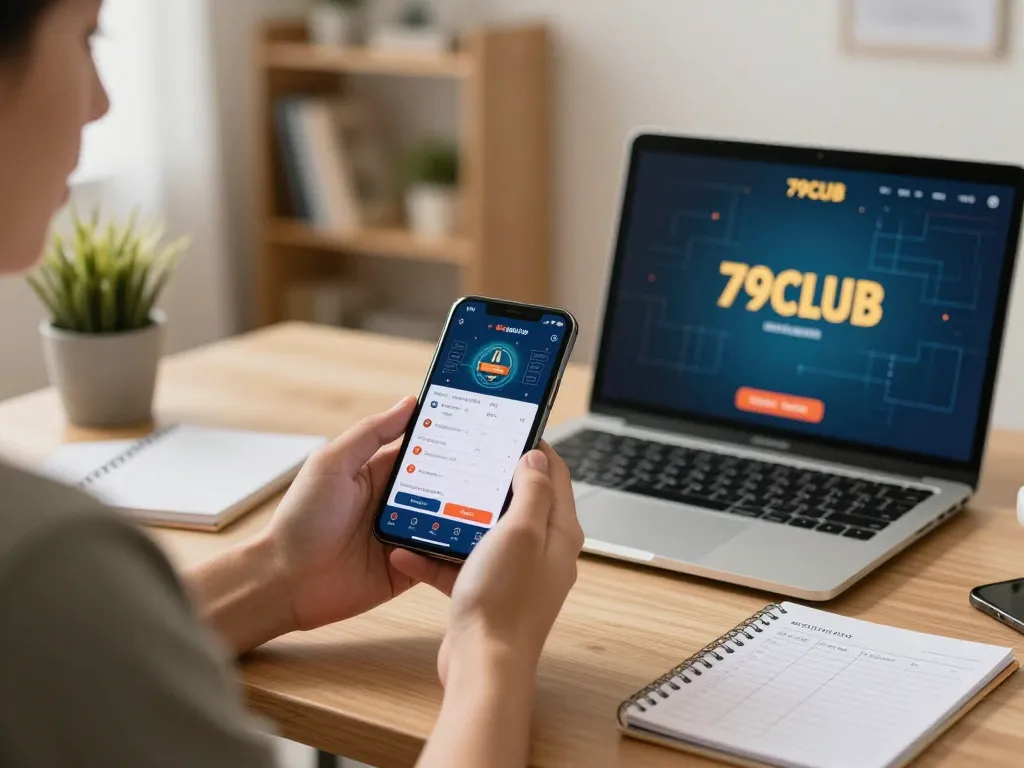 Player using 79club app on their smartphone for online betting with focus and strategy.