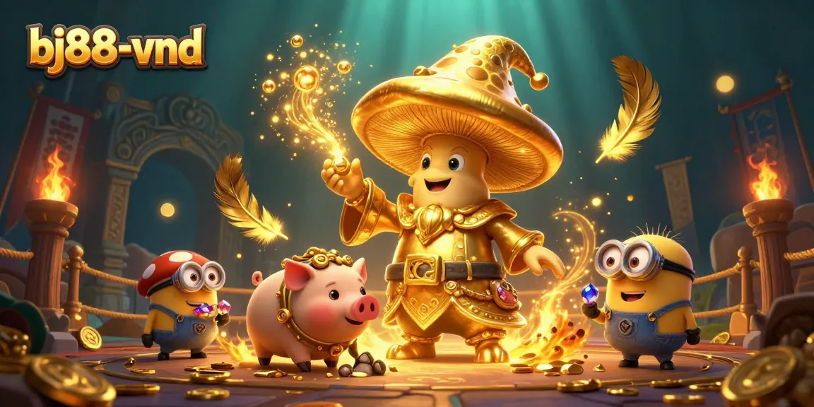 Experience the excitement of bj88-vnd with a magical casino illustration featuring a golden mushroom wizard and treasures.