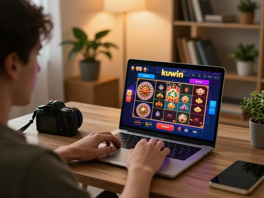 Player enjoying kuwin online casino on a laptop, engaging with vibrant game interface in a cozy home setting