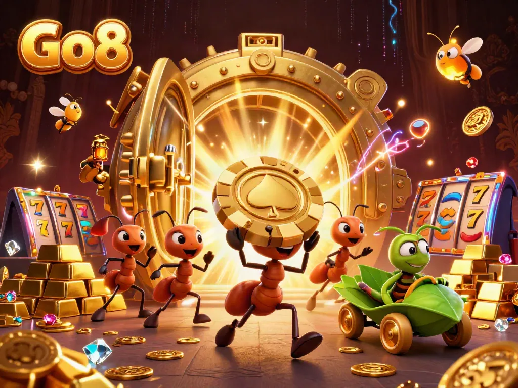 Go8 chip heist by cartoon ants in a vibrant casino environment with dynamic gold elements.