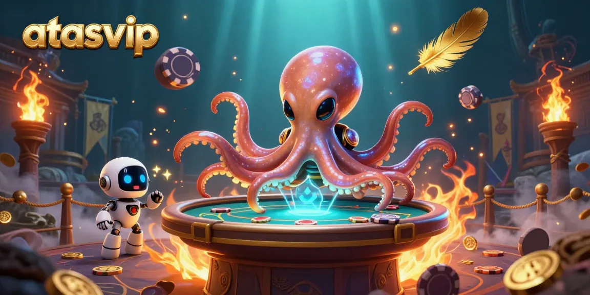 Join the cosmic adventure at atasvip with a vibrant scene of a playful alien octopus at a poker table!