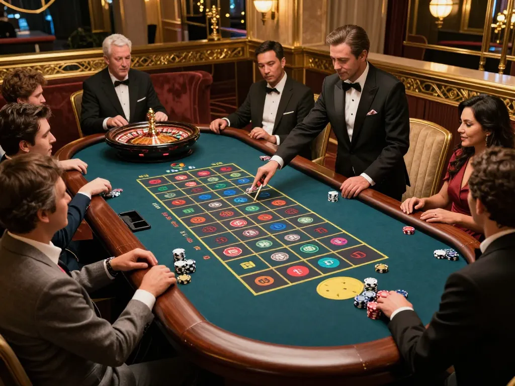 79king players placing bets at an exciting roulette table in a luxurious casino setting.