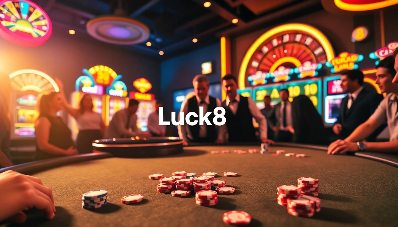 Luck8 casino scene featuring a high-stakes poker table and an exciting roulette wheel.