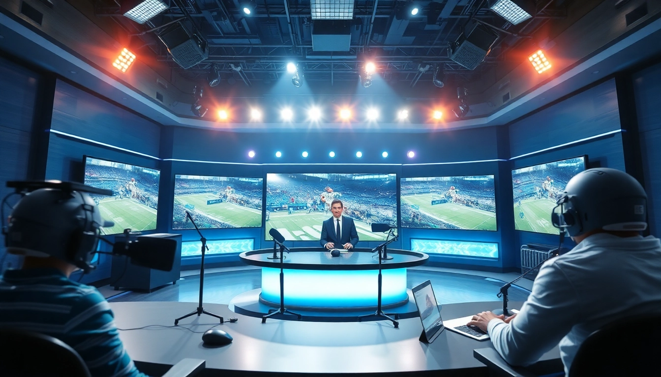 Engaging sports broadcasting scene showcasing multiple screens and sportscaster in action.
