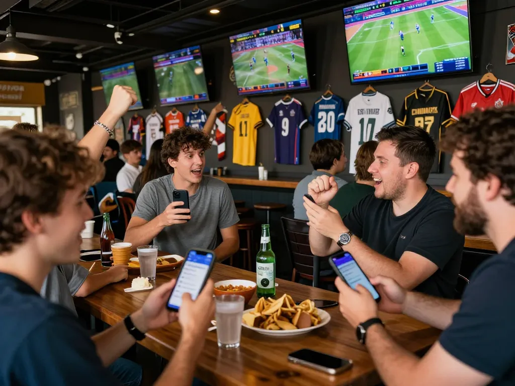 Exciting sports betting moment at MM88 with fans cheering and engaging on mobile apps