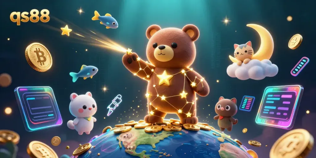 Scoop up coins in a vibrant qs88-themed 3D casino illustration featuring a constellation bear and luminous crypto coins.