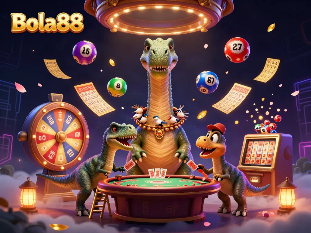 Bola88 showcases a vibrant casino scene with a dinosaur and clever raptor dealing cards, while colorful lottery elements bounce around.