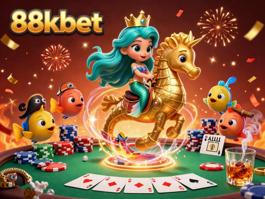 Engage with the colorful 88kbet scene featuring a mermaid princess and riches from poker, encapsulating online gaming excitement.