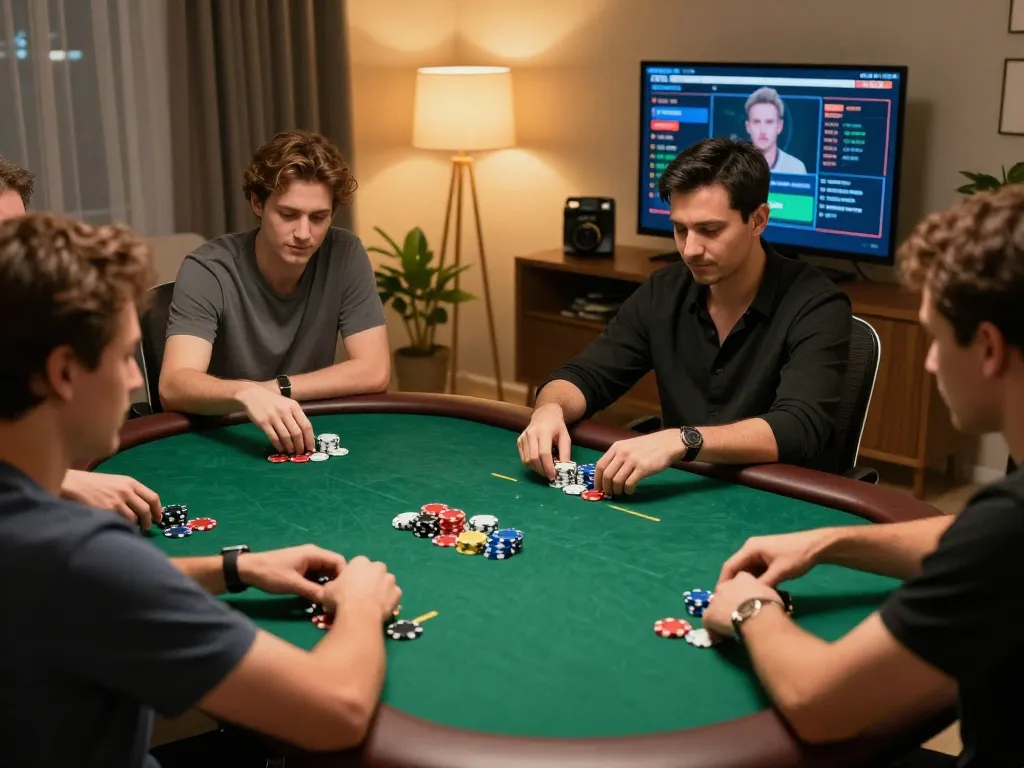 Engaged players strategizing kèo nhà cái bets during an online poker game in a home setting.