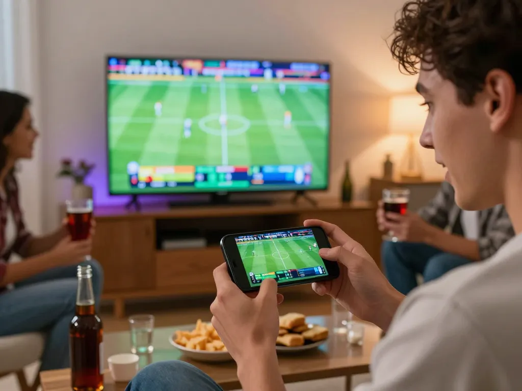 Bet168 user placing strategic live sports bets on smartphone during a social gathering