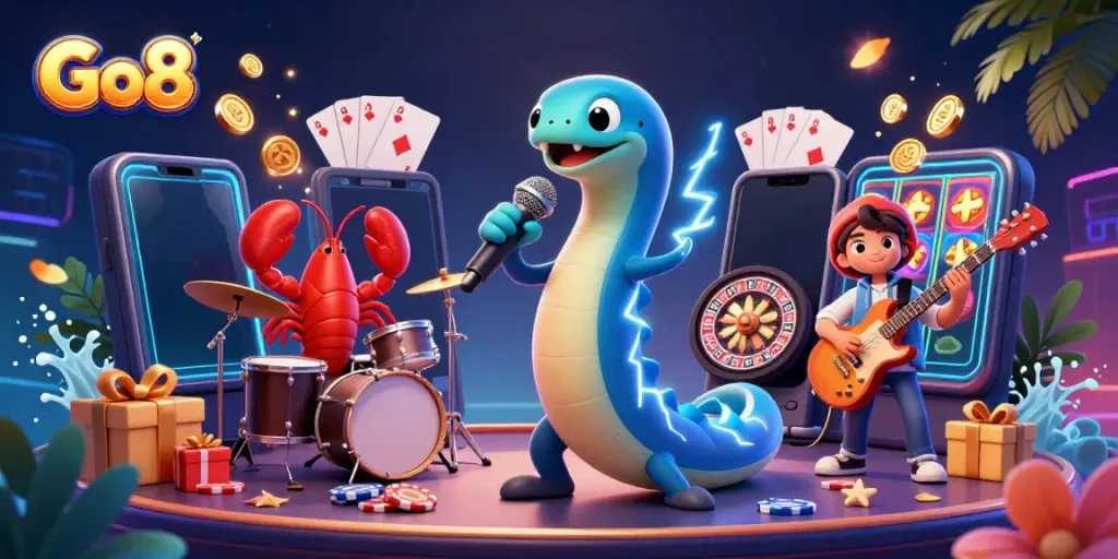 Engage with Go8's vibrant underwater casino scene featuring an electric eel DJ and colorful slot games.
