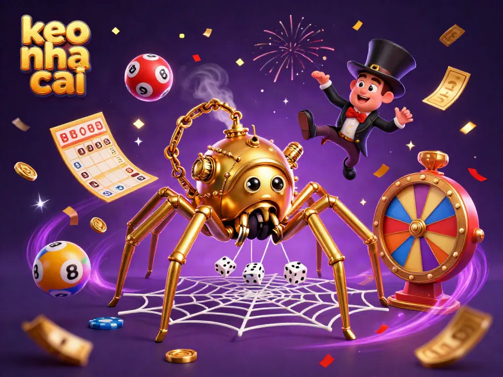 Engaging scene showing the thrilling action of keo nha cai with a steampunk spider and festive elements, emphasizing sports betting excitement.