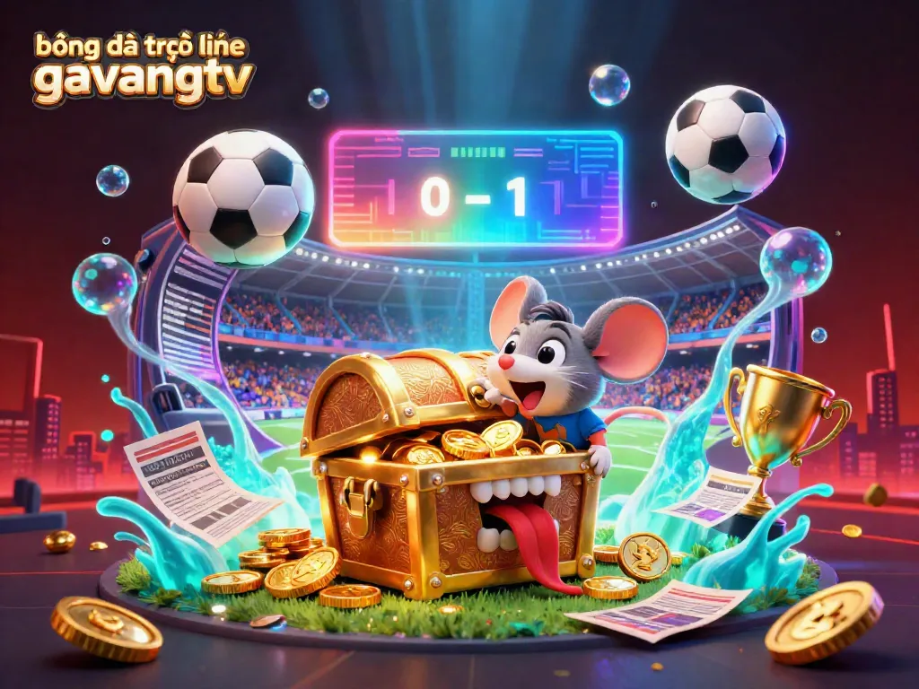 Engage in bóng đá trực tuyến gavangtv with an exciting 3D scene featuring colorful soccer elements and treasures.